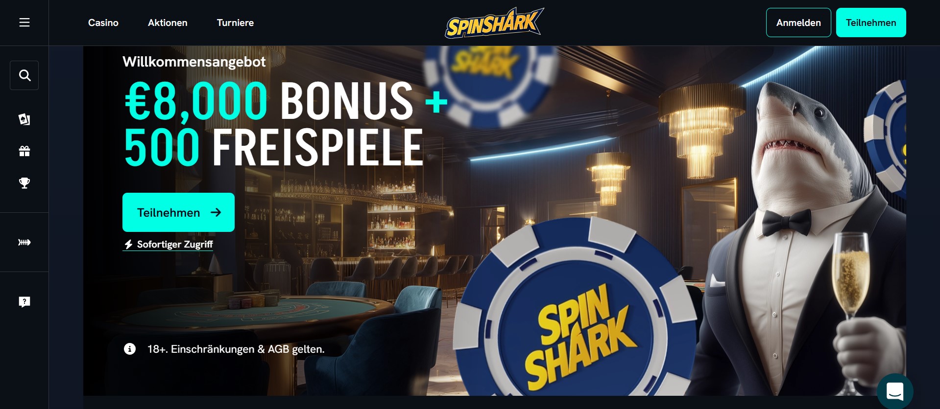 Werbebanner von SpinShark mit Hai im Smoking, Casino-Chips und Willkommensbonus von 8.000 Euro plus 500 Freispiele, ideal für Inhalte über beste online casinos und moderne Bonusangebote.
